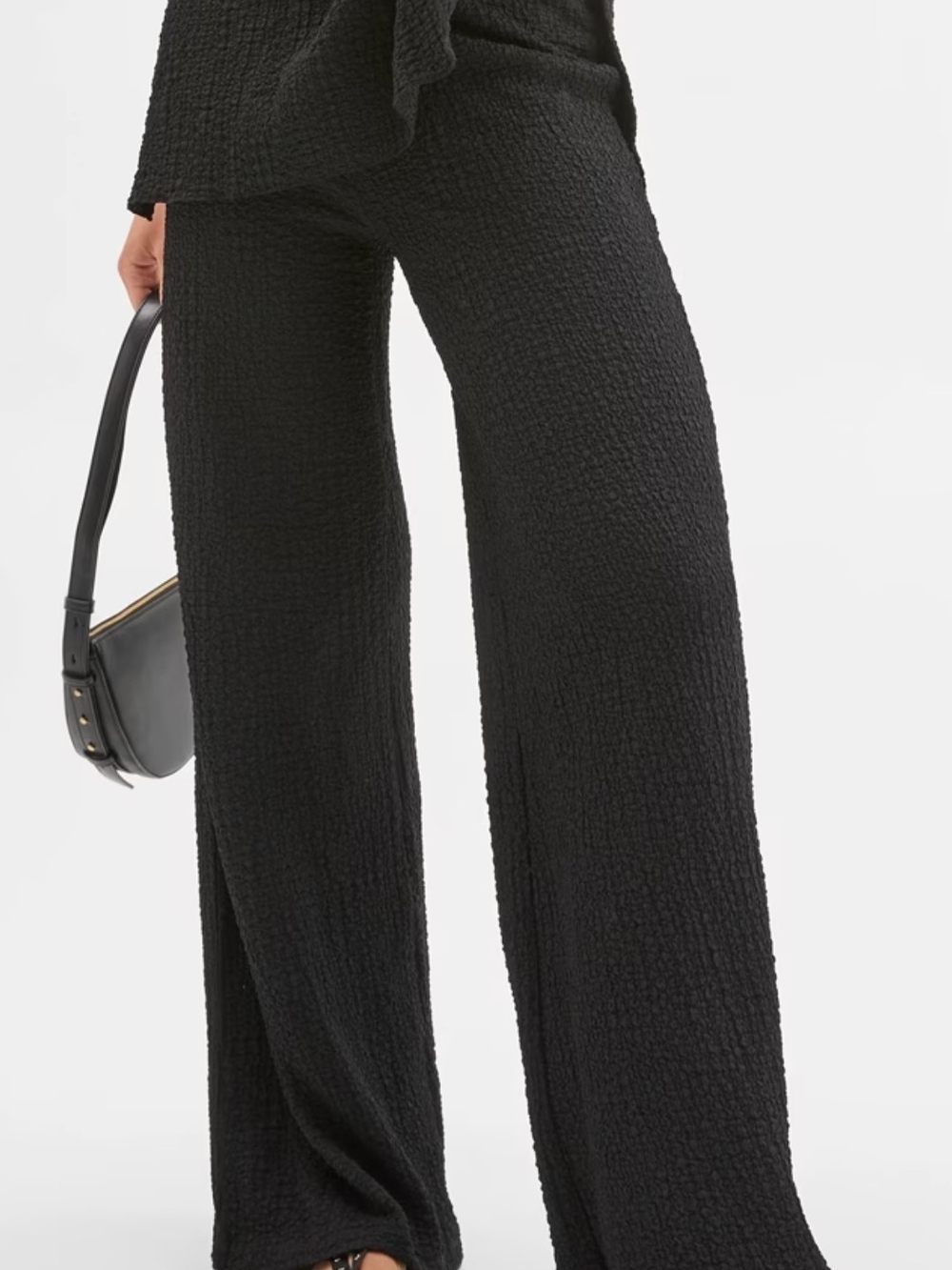 Wide-Leg Textured Black Pants Mid-Rise Drawstring All Day Comfort Pull On Style